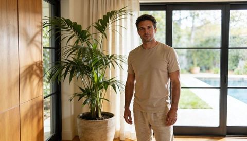 Standing middle-aged man wearing loungewear beside sliding glass doors overlooking pool