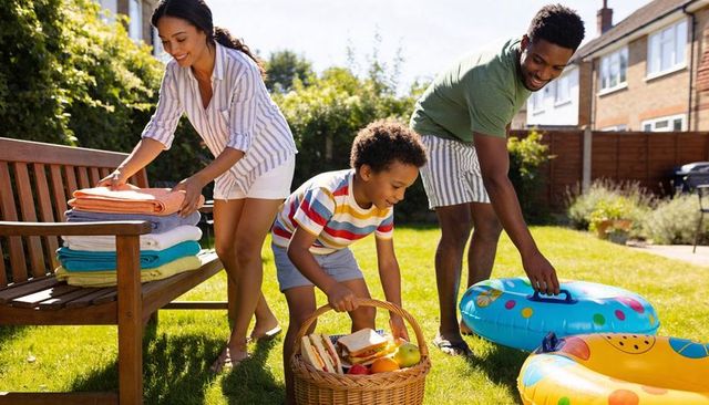 Family preparing summer picnic in sunny backyard with swim rings and towels