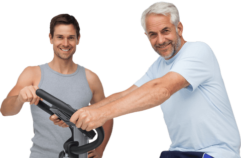 happy mature man on stationary bike with instructor, transparent background - Download Free Stock Videos Pikwizard.com