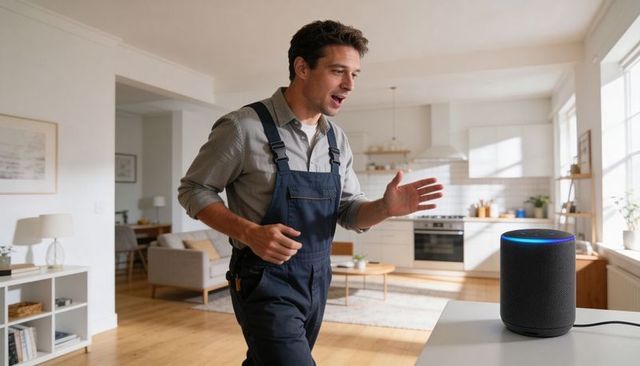 Handyman talking to smart speaker in kitchen testing voice assistant during home repair