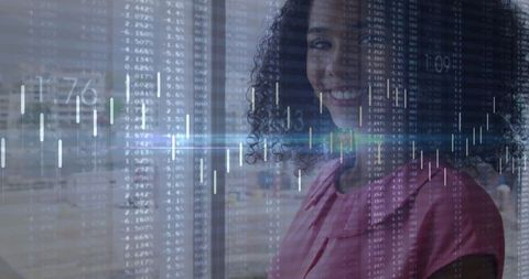 Businesswoman in Modern Office with Finance Data Overlay