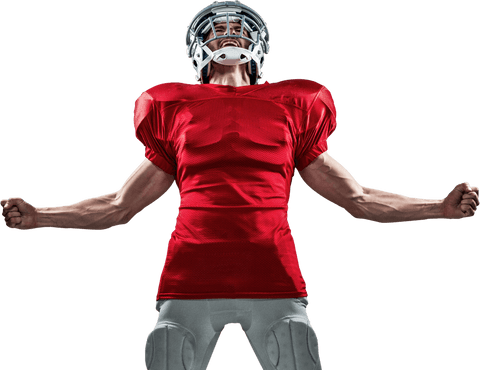 Transparent excited american football player fist pumping in red jersey