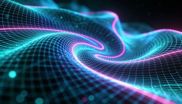 Neon wireframe spiral landscape flowing with glowing cyan grid and magenta rims
