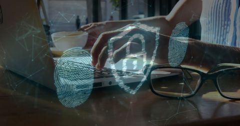 Woman Typing on Laptop with Cyber Security Overlay
