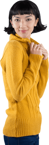 Transparent Joyful Woman Cozy in Yellow Winter Sweater