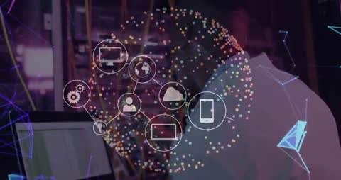 Male IT Technician Configuring Server with Digital Network Icons