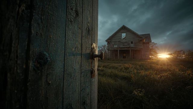 Weathered Door Opening onto Abandoned Farmhouse at Sunset