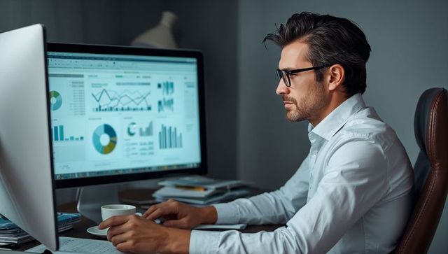 Business analyst analyzing financial charts on desktop monitor while working at desk
