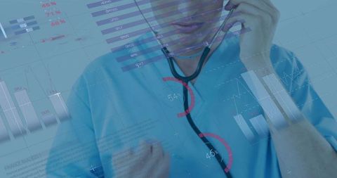 Medical professional analyzing data with digital charts overlay