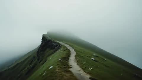 Drone Gliding Over Misty Mountain Ridge With Winding Path