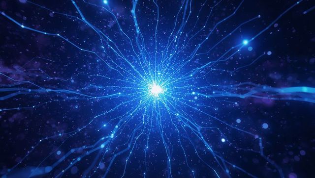 Electric blue neural burst radiating core with filament network and particle glow