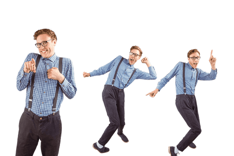 Transparent excited young man dancing in fun poses