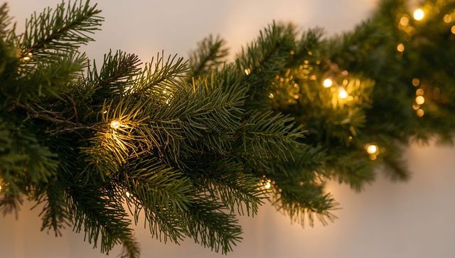 Draping evergreen garland with warm white string lights on mantel for cozy holiday decor