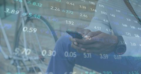 Businessman Checking Market Trends via Smartphone with Bicycle Nearby