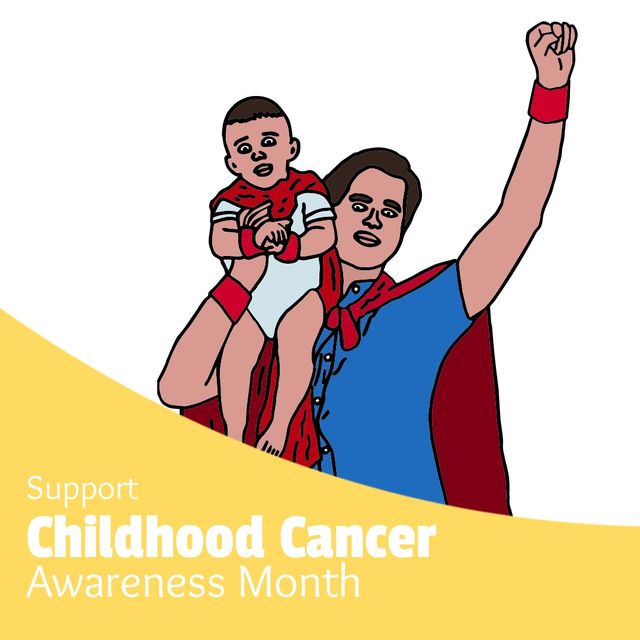 Illustration of cartoon father and son dressed in superhero costumes, holding up fist in support. Ideal for campaigns, events, educational materials, and raising awareness for Childhood Cancer Awareness Month.