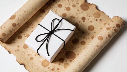 Minimal white gift box with black cord bow on burnt stained parchment vintage backdrop