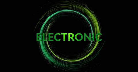 Glowing green electronic text with light swirl on black