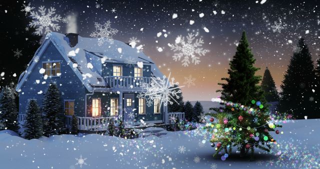 Wintry landscape featuring illuminated Christmas tree and cozy wooden cabin bundled in snow. Festive, nighttime ambiance with falling snowflakes and decorated surroundings perfect for holiday greeting cards, seasonal advertising, or promotional materials.
