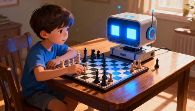 Young boy playing chess with friendly retro desktop robot during golden hour