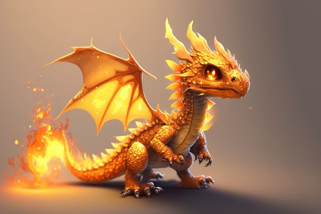 Image of cute orange dragon with burning tail on purple background, using generative ai technology. Dragon and fantasy concept.
