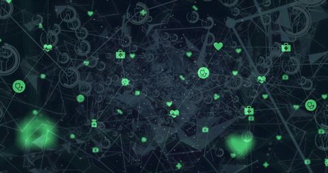 Neon green healthcare network visualization connecting medical icons with global topology