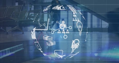 Digital innovation icons over modern airport walking area