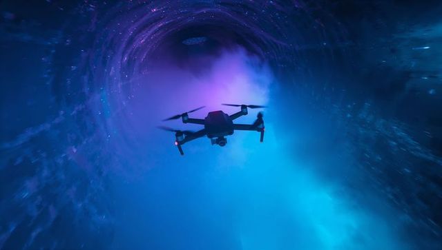 Compact quadcopter soaring into glowing cosmic vortex with camera gimbal and leds