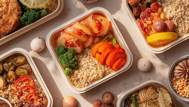 Vibrant meal prep bowls with oats, broccoli, sliced nectarine and roasted vegetables