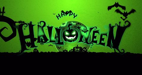 Green Halloween Graphic with Pumpkin Head and Flying Bats