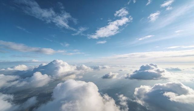 Sunlit cumulus sea floating above expansive horizon with crisp soft blue sky and cirrus