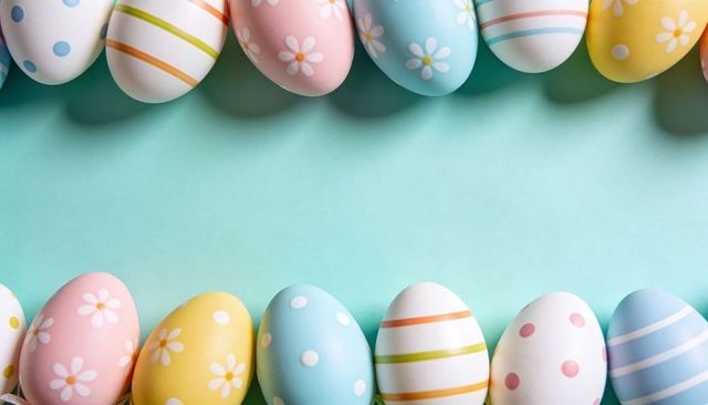 Pastel Easter Eggs Framing Mint Green Flat Lay with Floral Polka Dot and Stripe Decorations