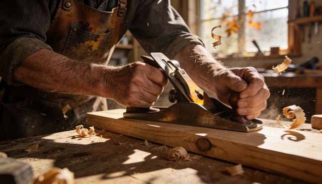 Veteran craftsman planing pine board with metal hand plane in sunlit rustic workshop bench