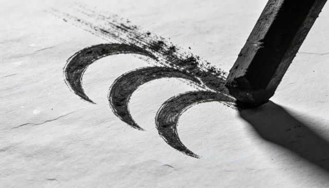 Charcoal stick creating bold crescent marks on textured paper with dust trail