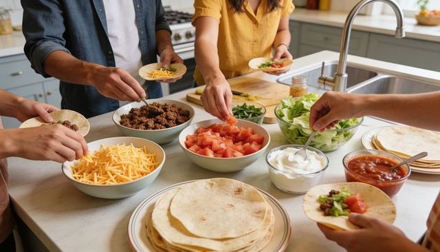 Assembling build-your-own tacos at kitchen island with fresh toppings and tortillas