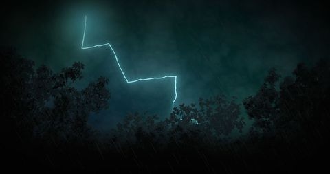 Lightning Strike Over Dark Forest and Stormy Sky