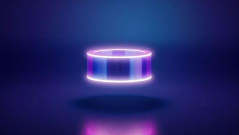 Neon Floating Ring Glowing in Purple Cyan Magenta Halo Reflective Levitation Cylinder