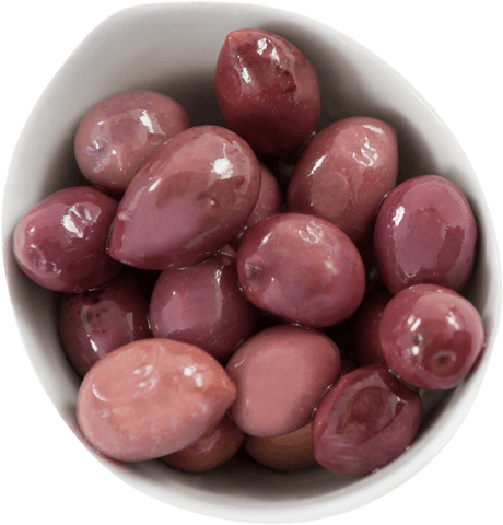 Close-up of shiny marinated olives in white bowl isolated on transparent background