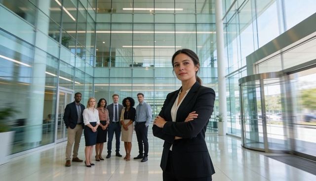 Confident female executive standing with arms crossed in modern glass office atrium