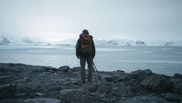 Solo hiker facing icy sea and snow peaks with backpack and tripod, remote arctic solitude