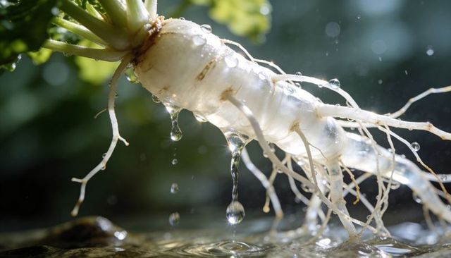 Backlit white radish root dripping water droplets with delicate rootlets, macro bokeh