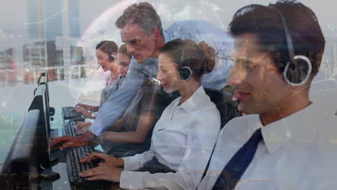 Global Call Center Team Processing Data with Technology Overlay