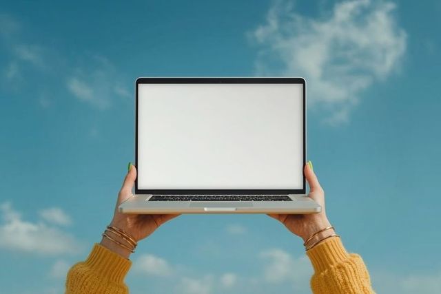 Hands holding laptop against clear blue sky for technology innovation concept
