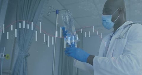 Doctor adjusting IV bag in clinical ward wearing gloves mask and stethoscope, sterile care