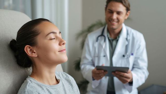 Young woman relaxing during medical consultation while doctor reviewing tablet notes