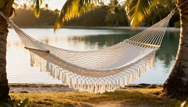 Swaying white macrame hammock between palm trees over tropical lagoon at golden hour