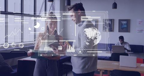 Innovative Collaboration: Coworkers with Data Overlays in Modern Office