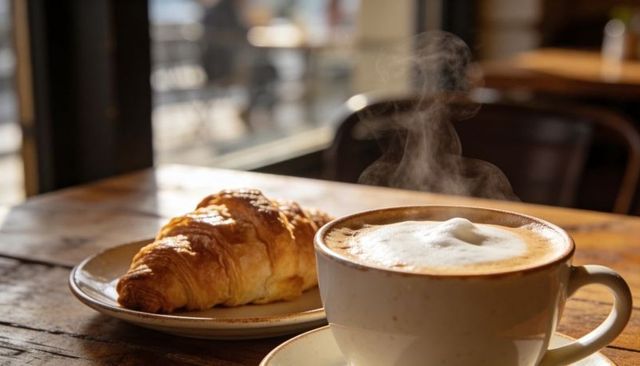 Steaming cappuccino with frothy foam and golden croissant on rustic wooden table