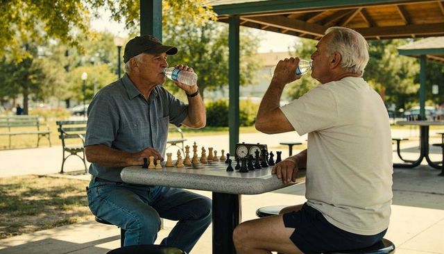 Senior men playing chess and drinking water at park pavilion, sunny outdoor companionship