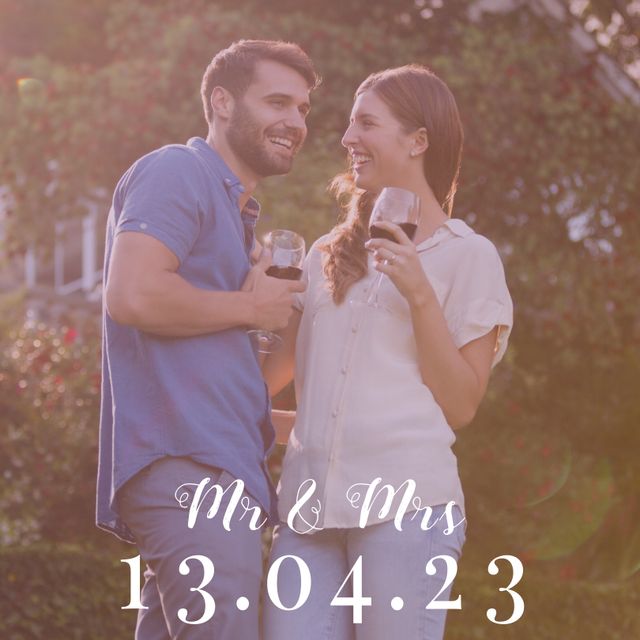 Engaging depiction of a couple embracing their love while enjoying a glass of red wine outdoors. The date and “Mr & Mrs” text suggest wedding themes, making this perfect for invitations, announcements, greeting cards, or promotional materials celebrating romantic occasions.
