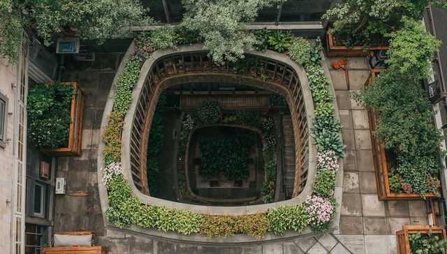 Revealing circular concrete atrium with lush planters and wooden benches in urban courtyard